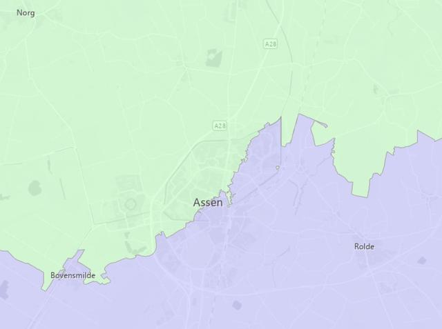 De scheidslijn die door Drenthe en vooral Assen loopt als het gaat om de schademeldingen. Het onderste (blauwe) deel valt onder de Commissie Mijnbouwschade. Het bovenste deel onder IMG.