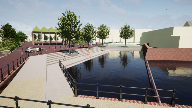 De markthal vanaf de waterspeelplaats.