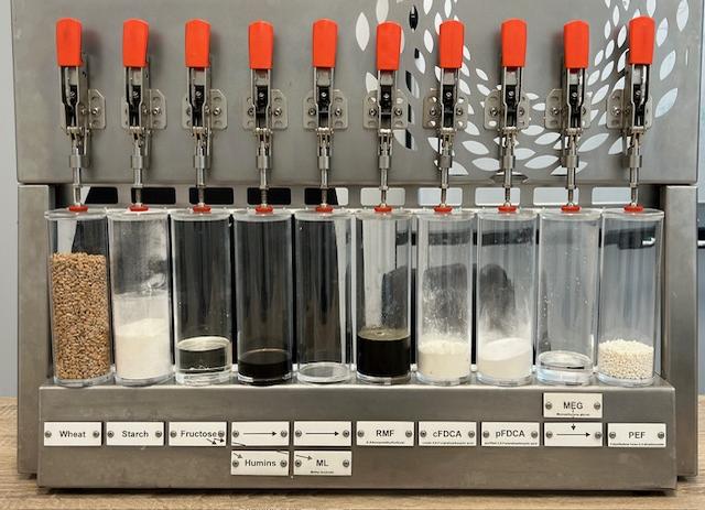 Het proces dat in de fabriek van Avantium wordt doorlopen. Van tarwe links, via zetmeel en fructose naar FDCA en PEF rechts. 