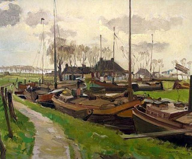 Een van de vele schilderijen die Willem Barend van Marle schilderde van een waterkant.