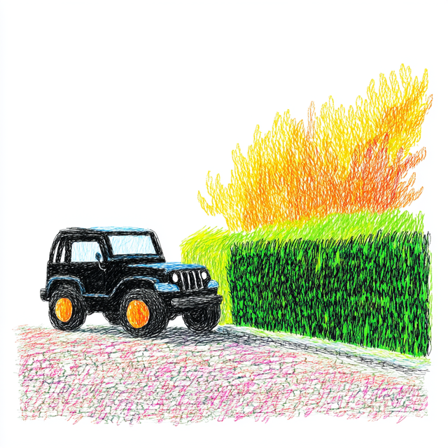 De jeep van buurman Willem. En onze heg.