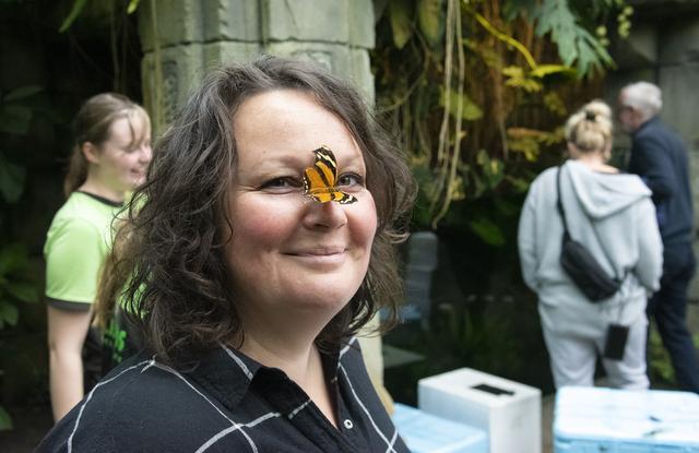 Sommige mensen moeten er niet aan denken: een vlinder die op je hoofd landt. Op de foto Hanneke Wijshake