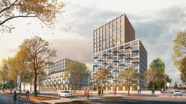 Een artist impression van Project Q, een geplande flat op de hoek van de Queridolaan en de Van Ketwich Verschuurlaan in De Wijert in Groningen.