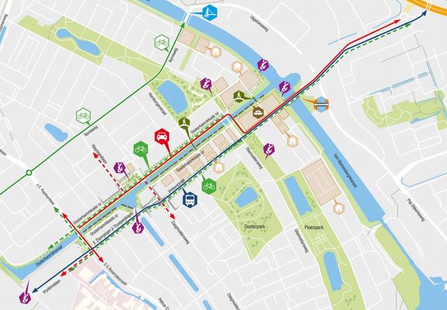 Tekening van het nieuwe gemeentelijke plan voor de Oosterhamrikzone met een autoroute waar de maximum snelheid tot 30 km/uur is beperkt om de nieuwe ontsluiting onaantrekkelijk te maken voor bestemmingsverkeer voor de binnenstad en het UMCG.