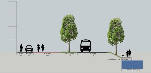 Tekening van de Groene Oosterhamrikkade zoals de bewoners die graag zien: parkeren (in totaal verdwijnen 20 plekken), een fietsstraat, groenstrook, busbaan en een groene kade met hangend wandelpad. 