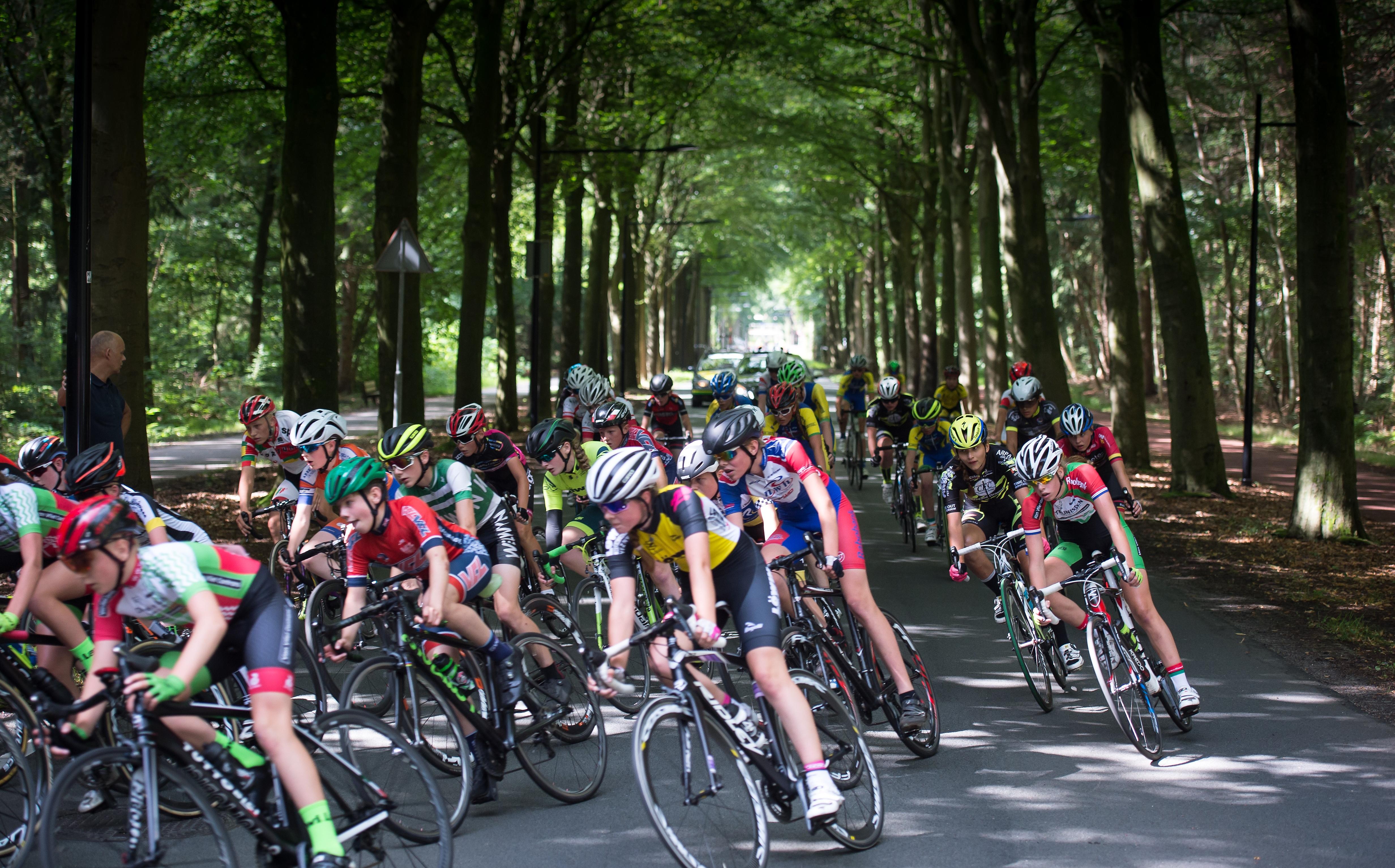 Een van de etappes van de Jeugdtour leidt de renners door het Asserbos. 