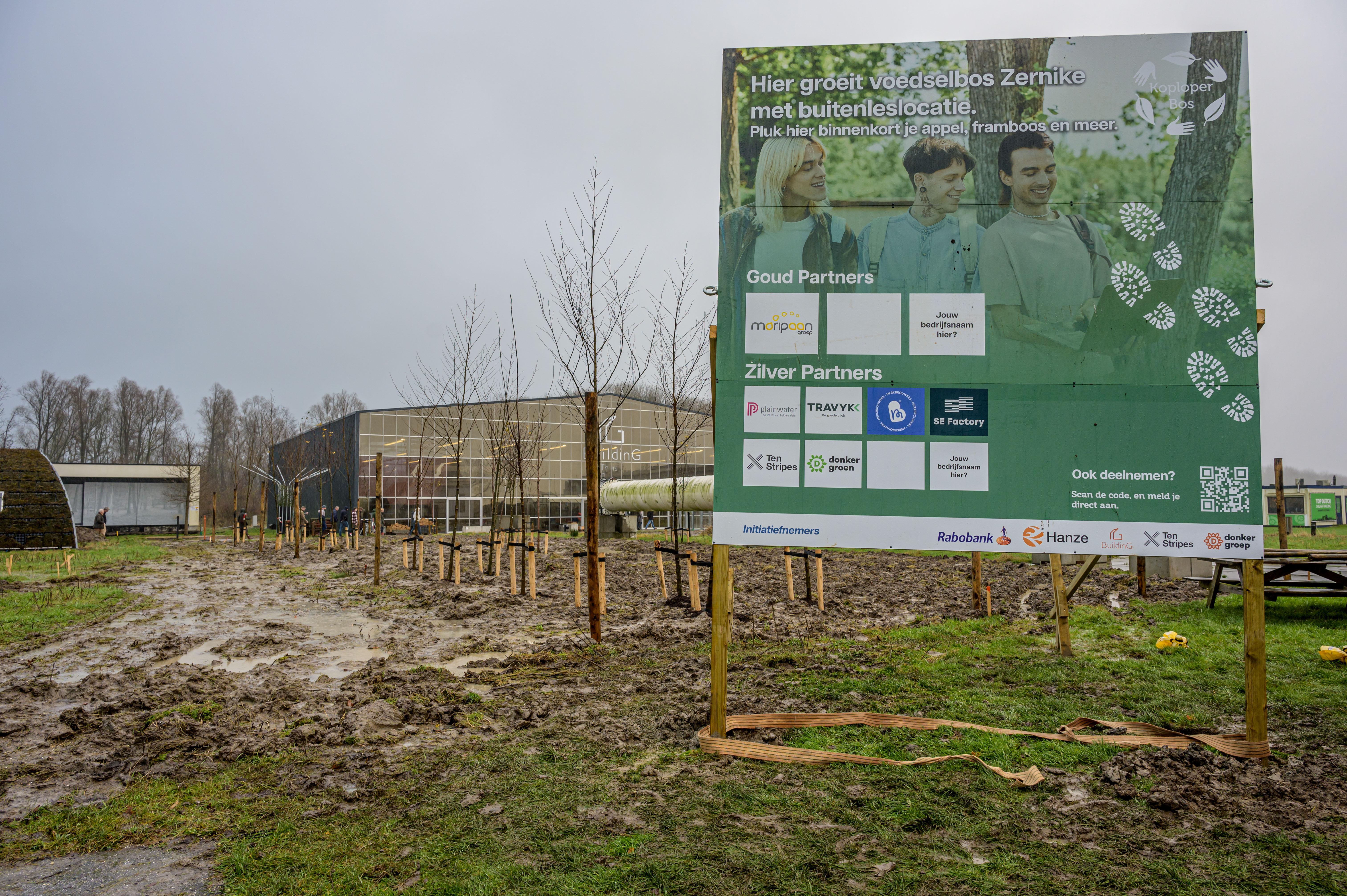 De eerste bomen zijn 2 weken geleden al geplant. De rest moet wachten tot de grond droger is.