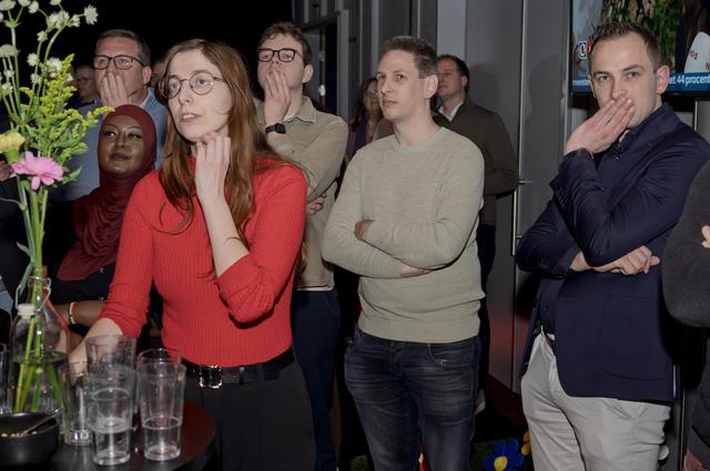 Bedrukte gezichten bij de PvdA tijdens de verkiezingsavond in Emmen in maart dit jaar. 