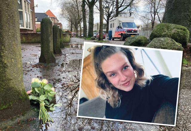 Inzet: De vermoorde Marit van Koesveld (26) uit Groningen. Op de achtergrond de bloemen bij Yorneo na de moord.