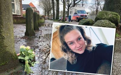 Inzet: De vermoorde Marit van Koesveld (26) uit Groningen. Op de achtergrond de bloemen bij Yorneo na de moord.
