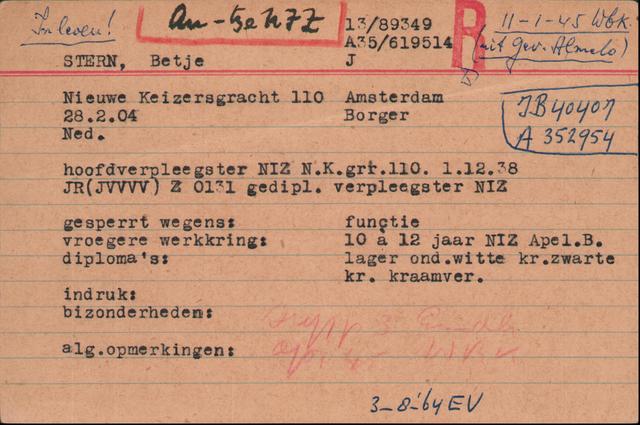 De persoonskaart van Betje Stern.