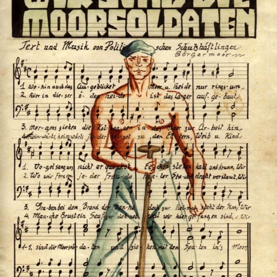 De affiche waarop de tekst en de noten van het lied staan.