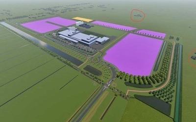 Overzichtskaart van de gemeente Hoogeveen waarin de zuivelfabriek van Fage op bedrijventerrein Riegmeer is ingetekend. In de omcirkelde gebieden huizen dassen.