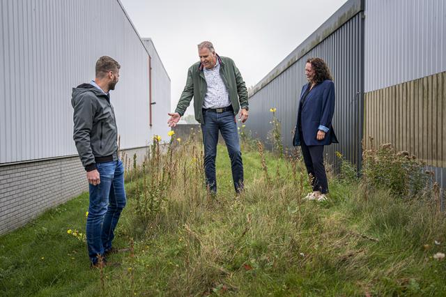 Eric Ebbers, Herman Koopman en Irma Noorbergen (vanaf links) achter Unilin op bedrijventerrein Euvelgunne in Groningen. 