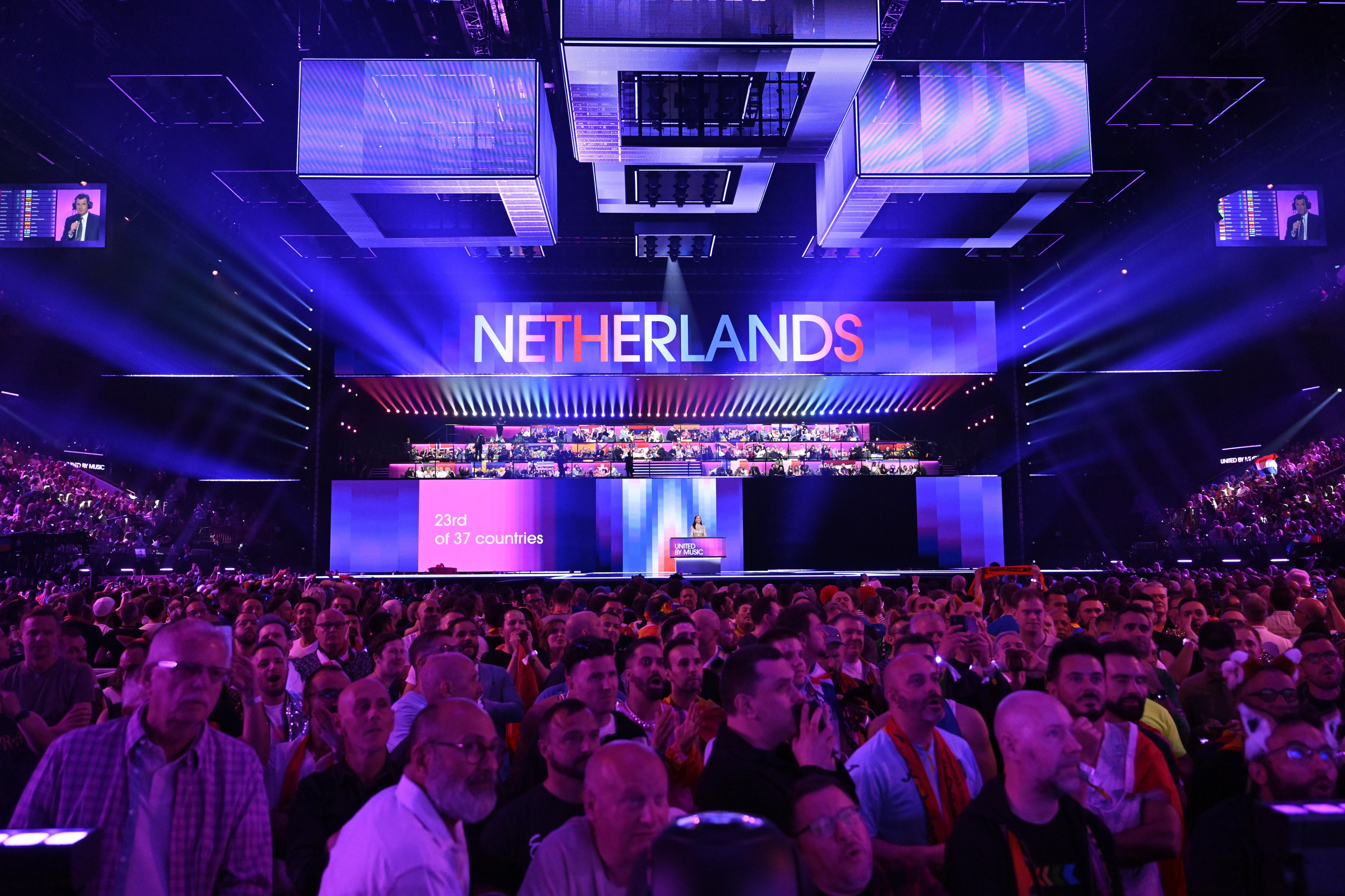 De puntentelling van het gediskwalificeerde Nederland op het scherm in Malmö. 