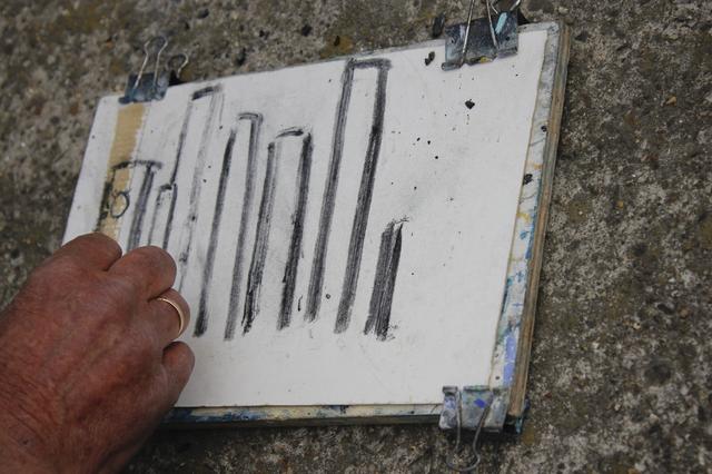 Jan Roos schetst meerpalen in de haven van Harlingen, zomer 2022.