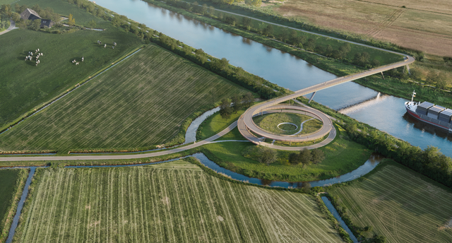 Het ontwerp van de Paddepoelsterbrug met een spiraal op een 'wierde'. 
