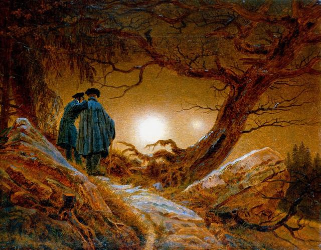 Caspar David Friedrich: 'Zwei männer in Betrachtung des Mondes' (1819-1820), olieverf op doek (33 bij 44,5 centimeter).