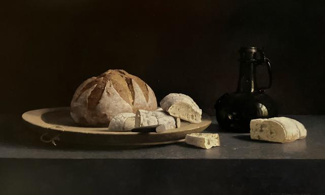 Henk Helmantel: 'Stilleven met brood en fles uit Lübeck' (2003), olieverf op paneel (58 x 95 centimeter).