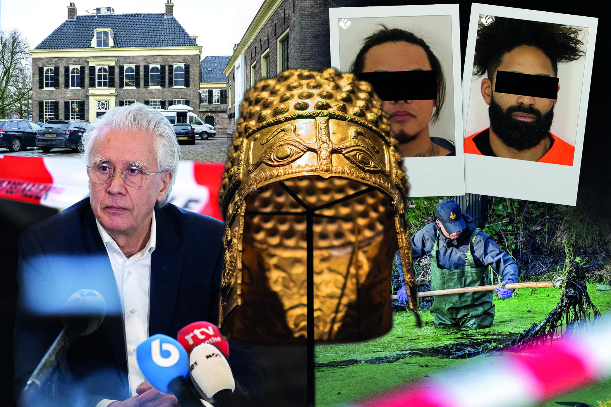 Beeldcompilatie over de kunstroof bij het Drents Museum in Assen, met in het midden de gestolen helm van Coțofenești.