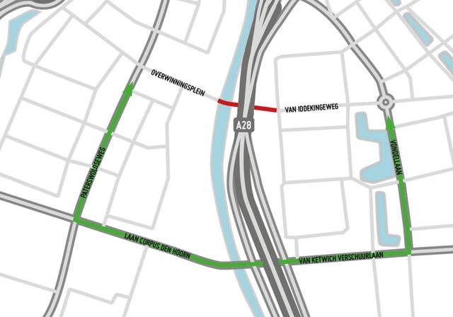 In het rood de afsluiting, in het groen de omleidingsroute.