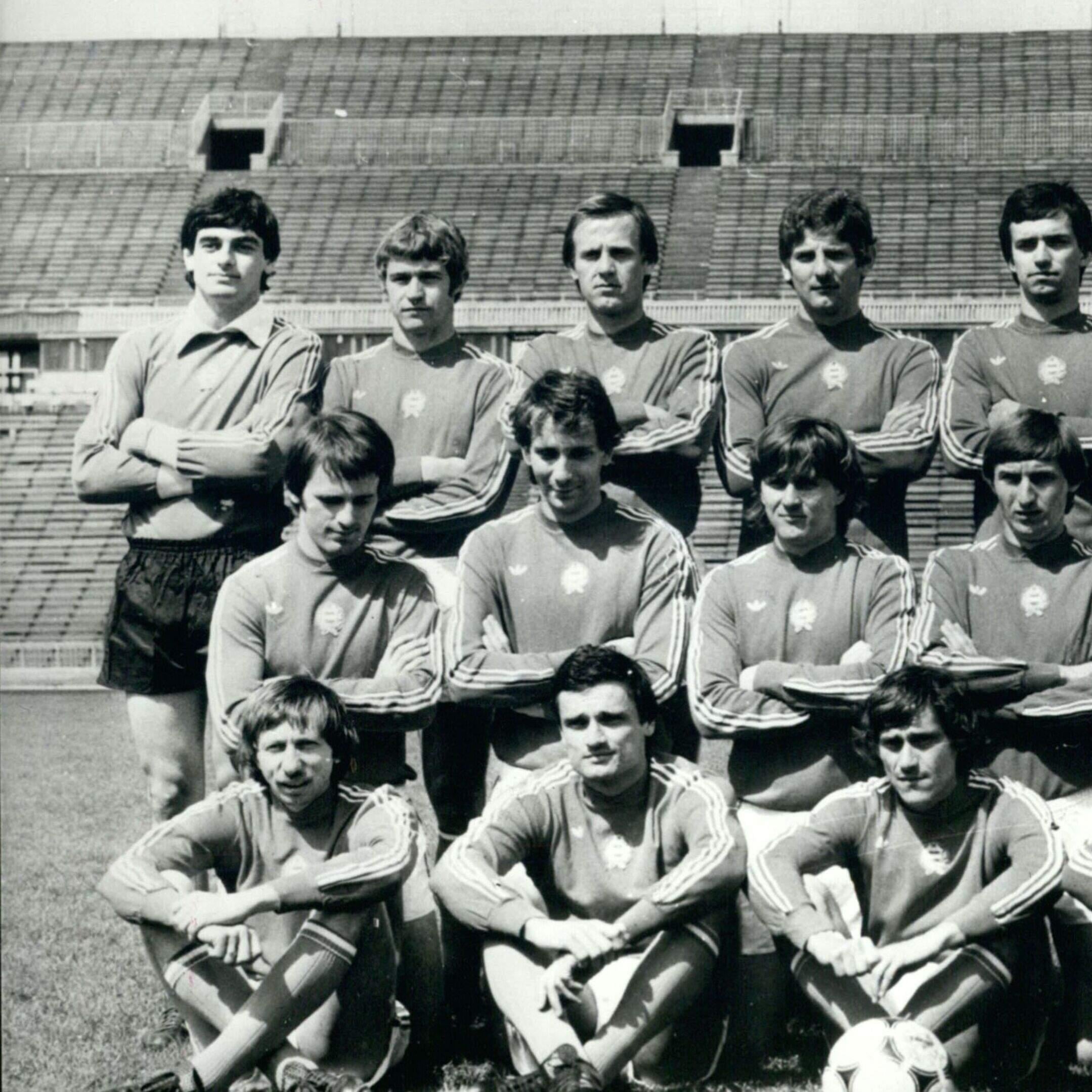 De Hongaarse selectie voor het WK van 1978 met helemaal linksonder Laszlo Fazekas.