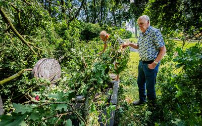 Jan en zijn zoon Gert Rijks bij de graven van hun familie op de begraafplaats van Wildervank Dalweg 36, waar enorme schade is ontstaan na noodweer.