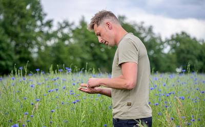 Veehouder Halbin Wiersema in een veld met korenbloemen en achter zich een houtsingel die hij beheert vanuit BoerenNatuur.